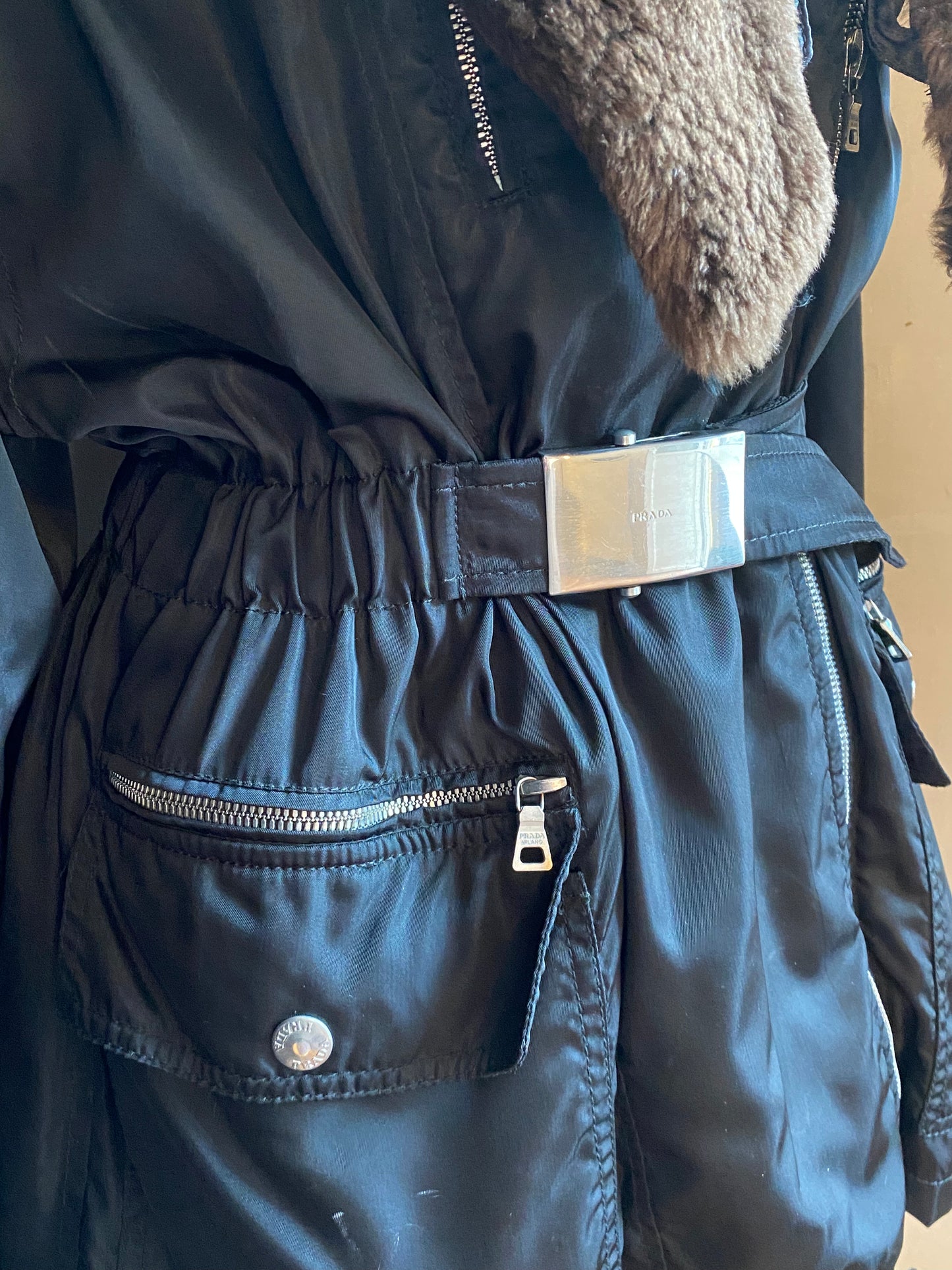 prada nylon & fur collar anorak, mid 90s